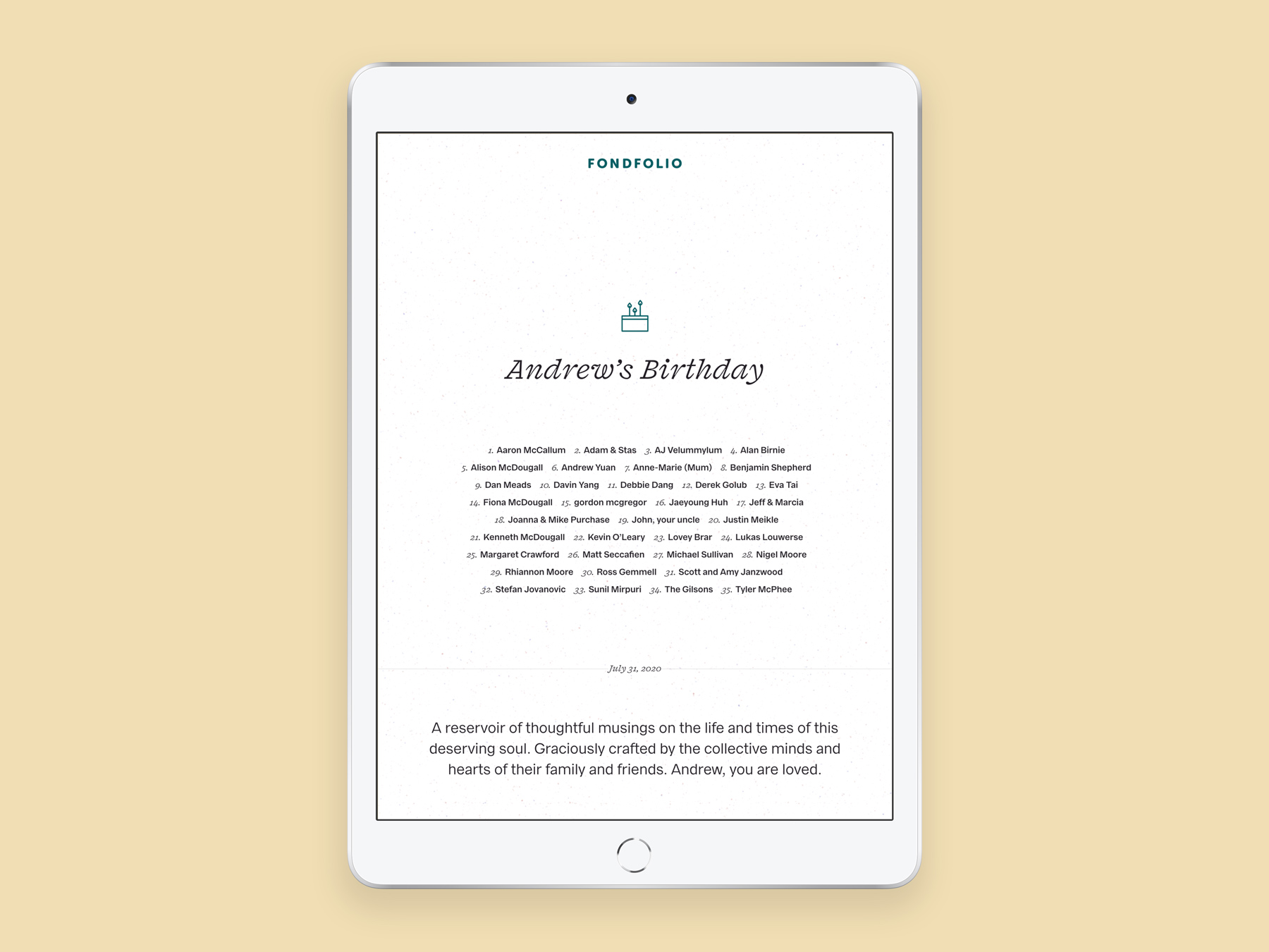 An iPad displaying a digital Fondfolio